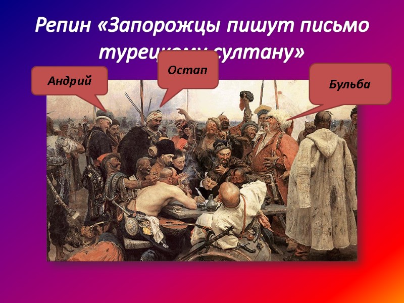 Репин «Запорожцы пишут письмо турецкому султану» Бульба Остап Андрий